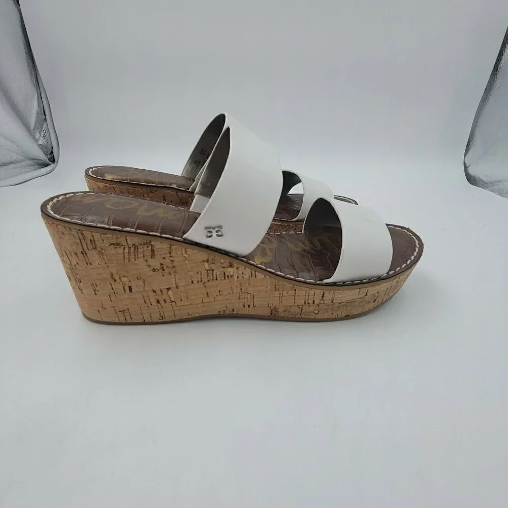 Sam Edelman Rydell Cork-Wedge Leather Open Toe Sandals in White Size 10.5M NEW